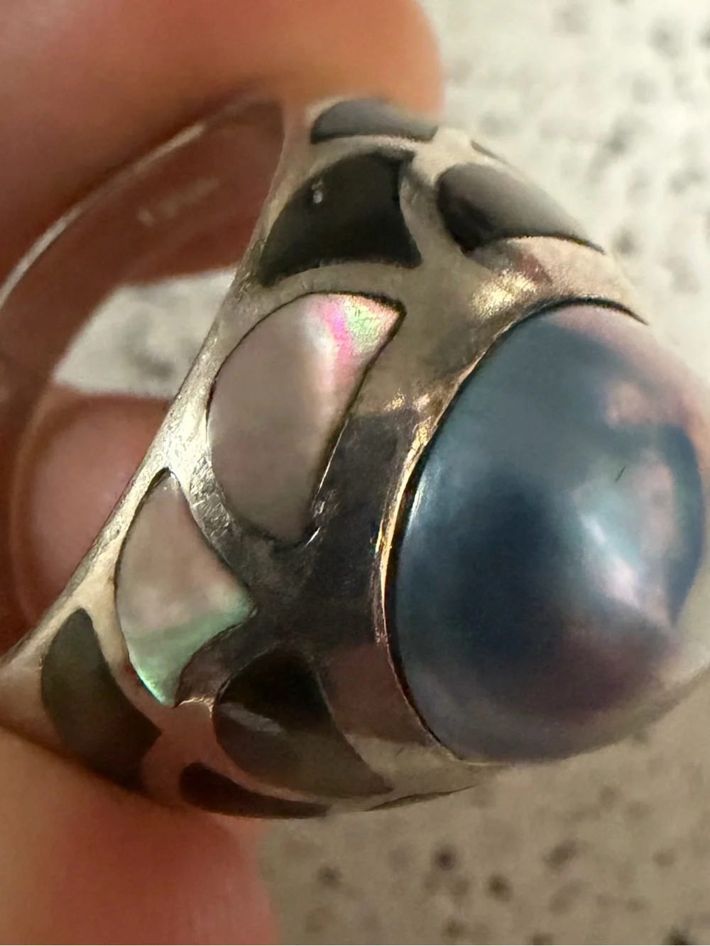 Vtg. Cultured Mabe Pearl Sterling Silver Ring, Size 11 Signed